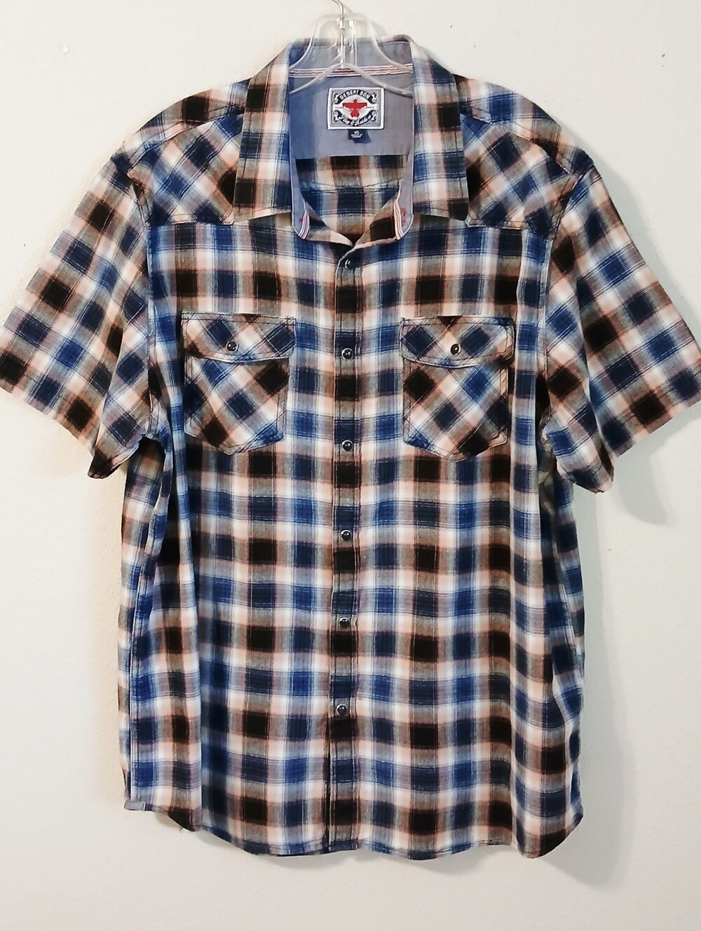 Desert Sun By Flag & Anthem Short Sleeve Plaid Western Shirt Pearl Snaps Size XL
